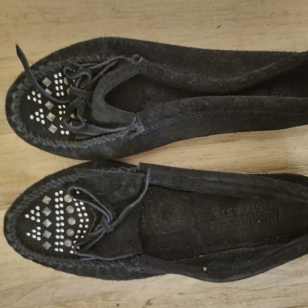 Minnetonka Black Moccasins with Silver Studs